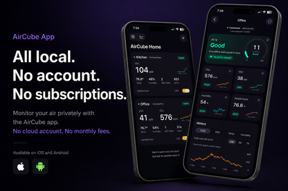 Promotional graphic for the AirCube App showing two smartphone screens with dashboard interfaces on a dark purple background, alongside marketing text reading 'All local. No account.
