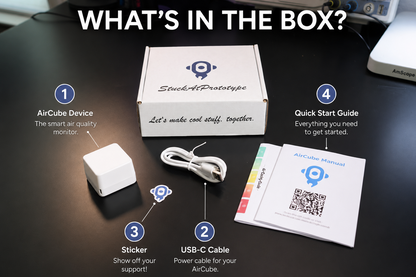 Starter kit for AirCube Device with components and documentation on a table.