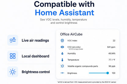 Home Assistant compatibility with an air quality monitor displaying readings and controls.